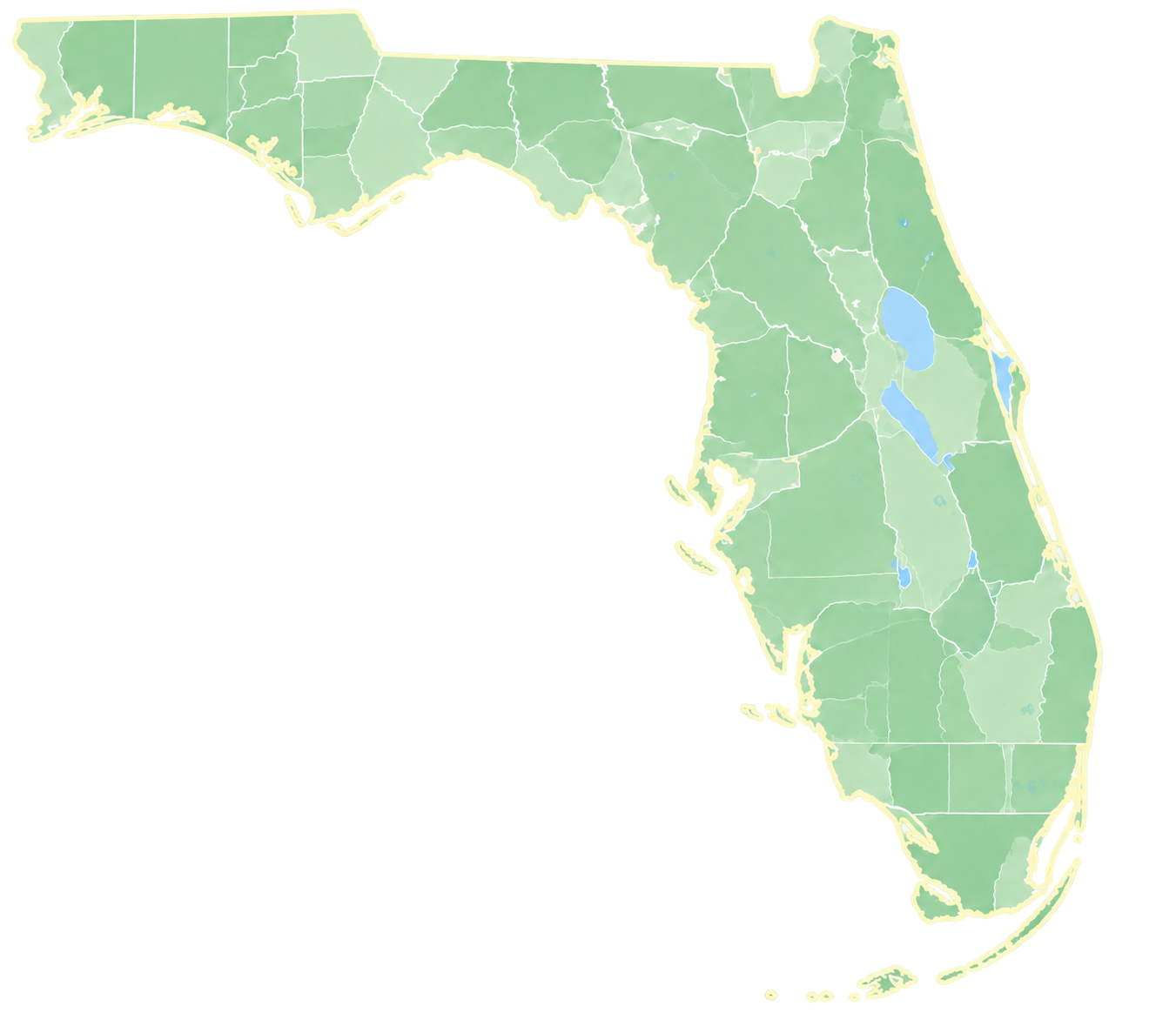 Illustrated Florida map with the full panhandle, pale green counties, blue lakes, and cream coastal accents